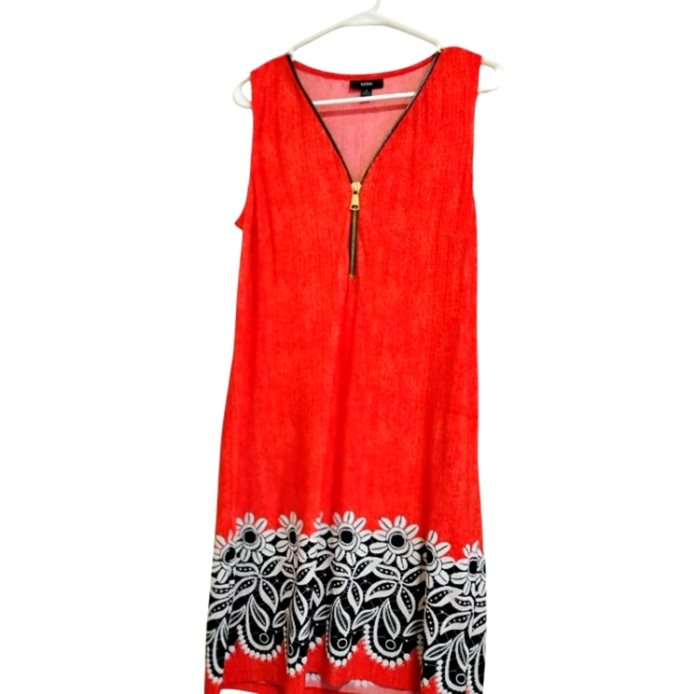 Red Sleeveless Dress with Black and White Floral Hem